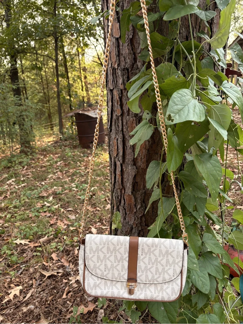 Michael Kors Cream Monogram Crossbody with Brown Trim and Gold Chain
